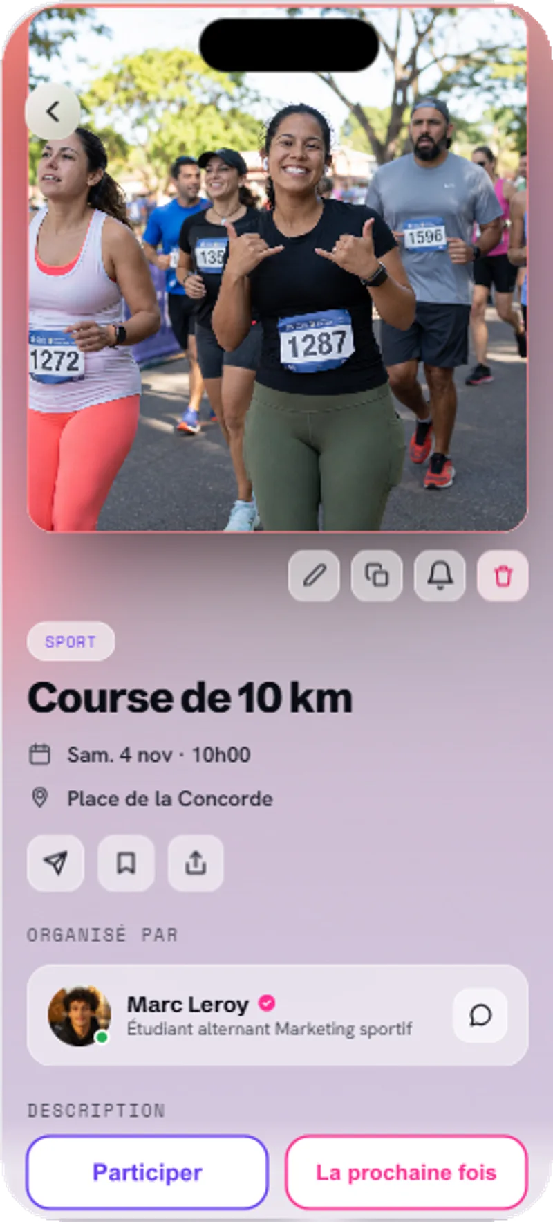 Écran de détail d’une action Kumul avec le bouton Participer