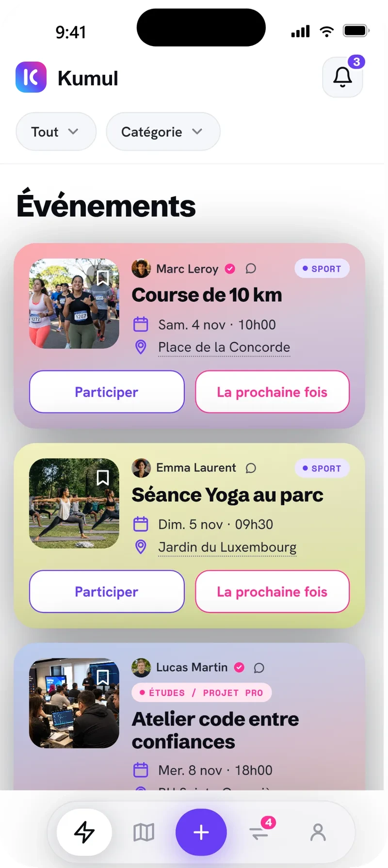 Écran des actions Kumul : les activités autour de moi