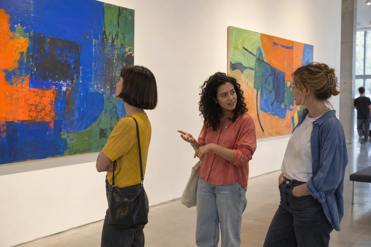 Trois amies qui discutent devant des tableaux dans une galerie